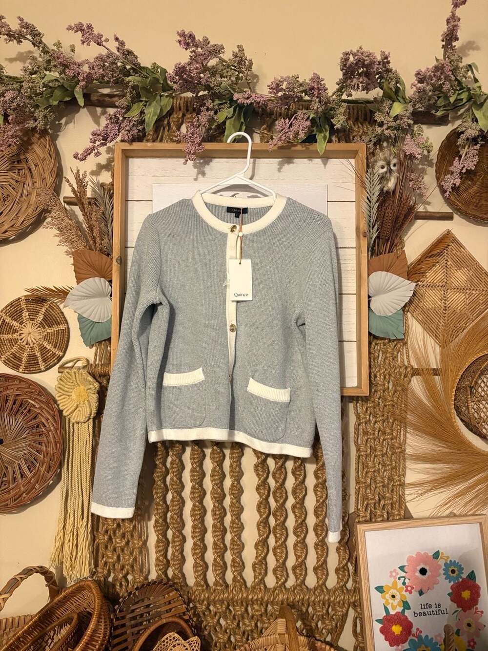 Quince 100% Organic Cotton Sweater Jacket in Light Blue/Cream